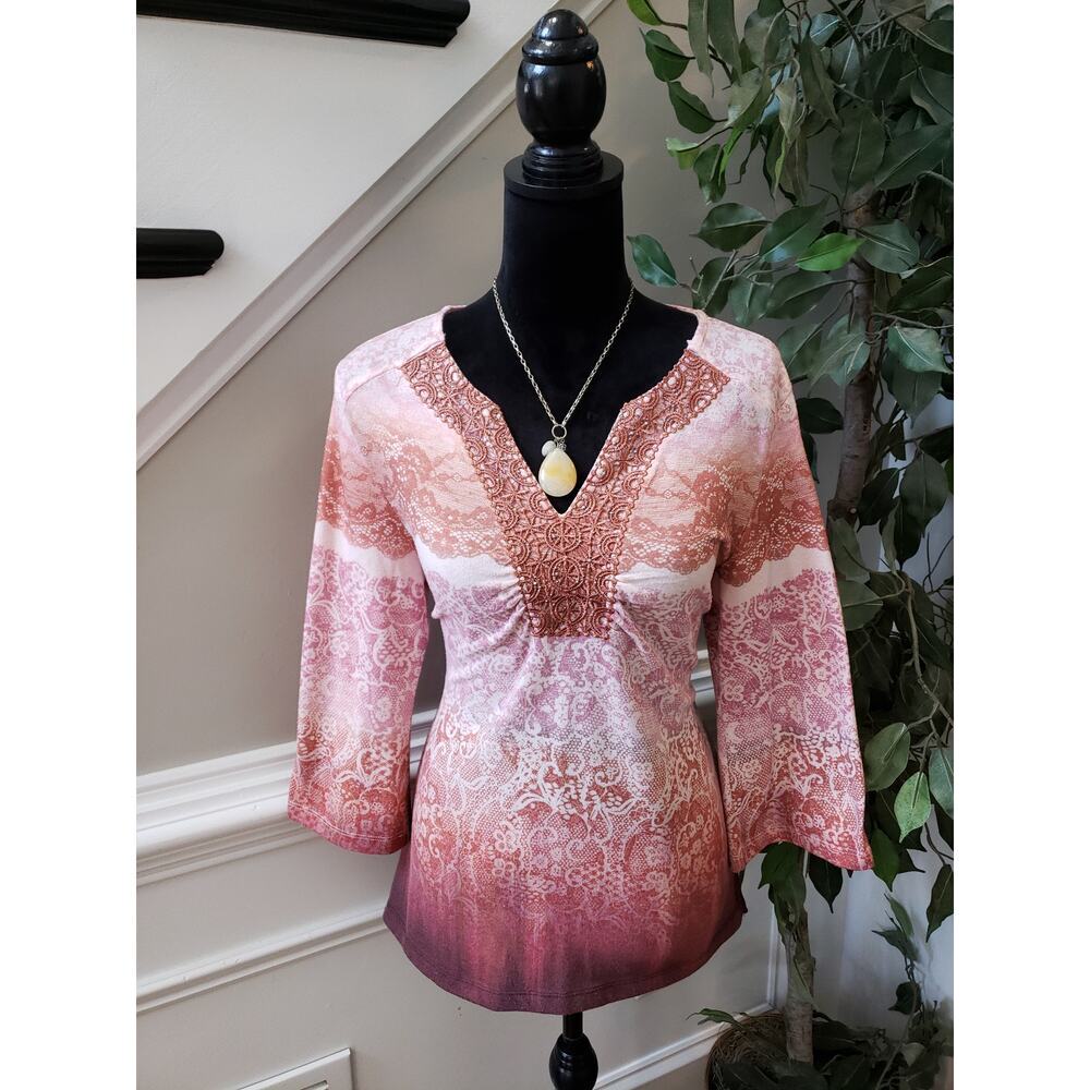 Women's OneWorld Pink Burgundy Boho Floral Tunic Top PL Stretch Blouse